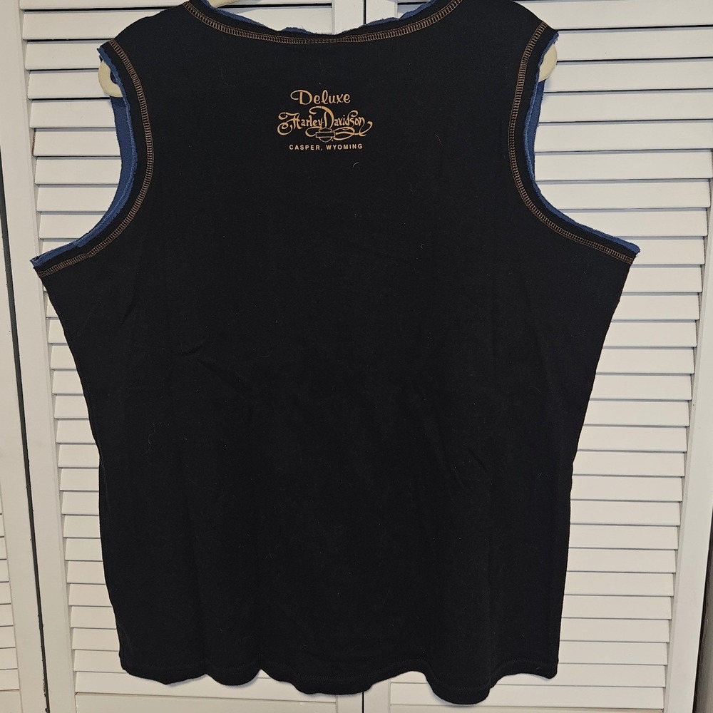 Harley-Davidson Womens Plus W2 Tank Top Casper Wyoming Graphic Biker Black Blue - Picture 2 of 4